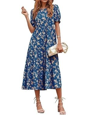 Pretty Garden Size Small Blue Floral Tiered Midi Dress Puff Sleeve Cottagecore